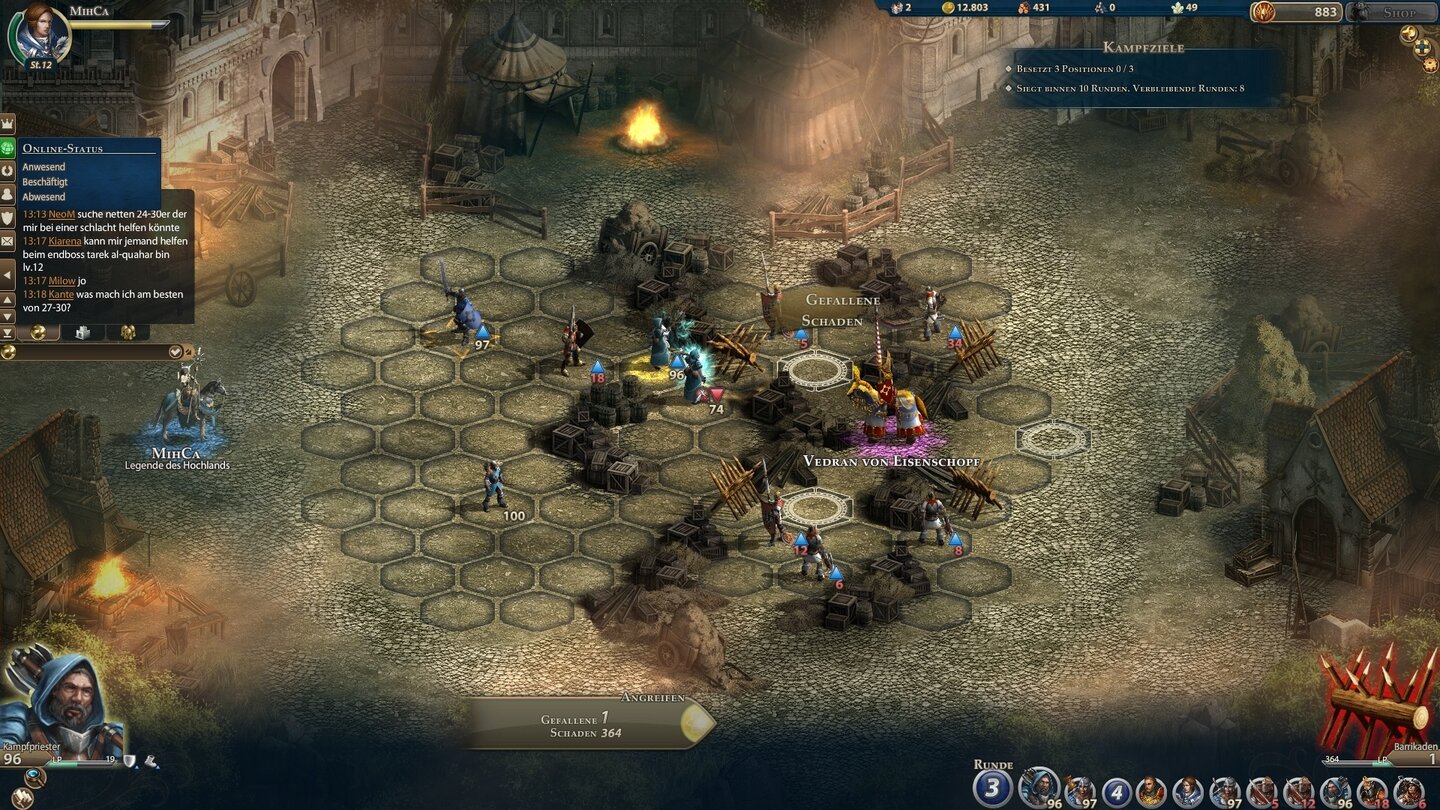Might & Magic: Heroes OnlineStellungskrieg: die drei hell markierten Hexfelder sind unser Ziel – während Herr Eisenschopf seine verbarrikadierten Schützen auf uns feuern lässt.