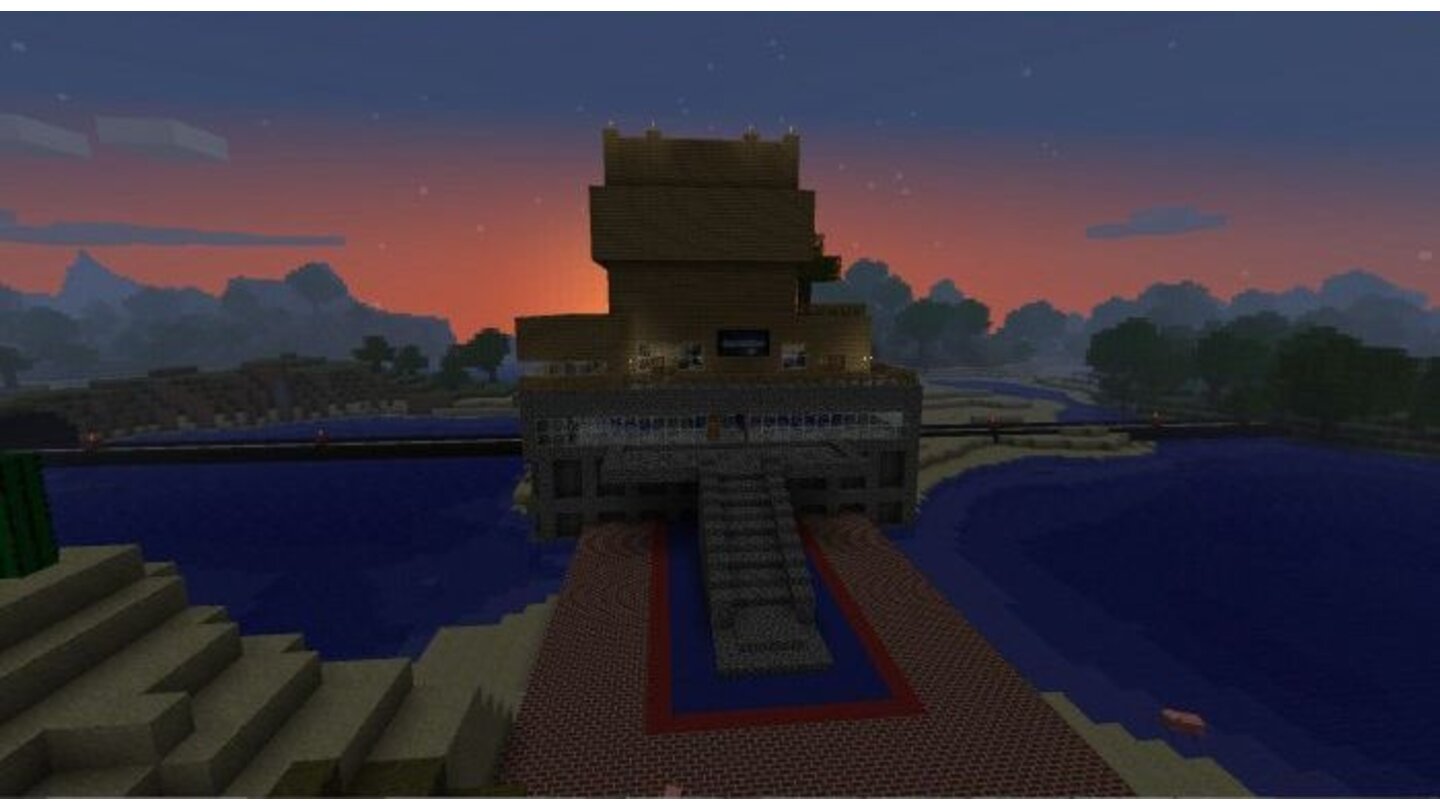 Minecraft - Interaktiv-WettbewerbÜber den gepflasterten Vorplatz schreiten Redakteure die breite Treppe zu Felix Schramms GameStar-Redaktion hinauf.