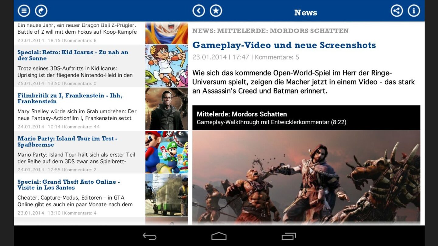 Neue GamePro-AppAuf Tablets ist das Layout leicht angepasst, das sorgt für mehr Übersicht und Bedienkomfort.