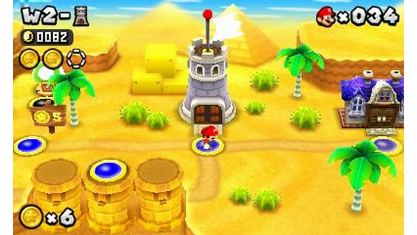 New Super Mario Bros. 2Ist die Hälfte einer Welt geschafft, steht Mario vor dem Turm, in dem ihn ein Zwischenboss-Kampf erwartet.
