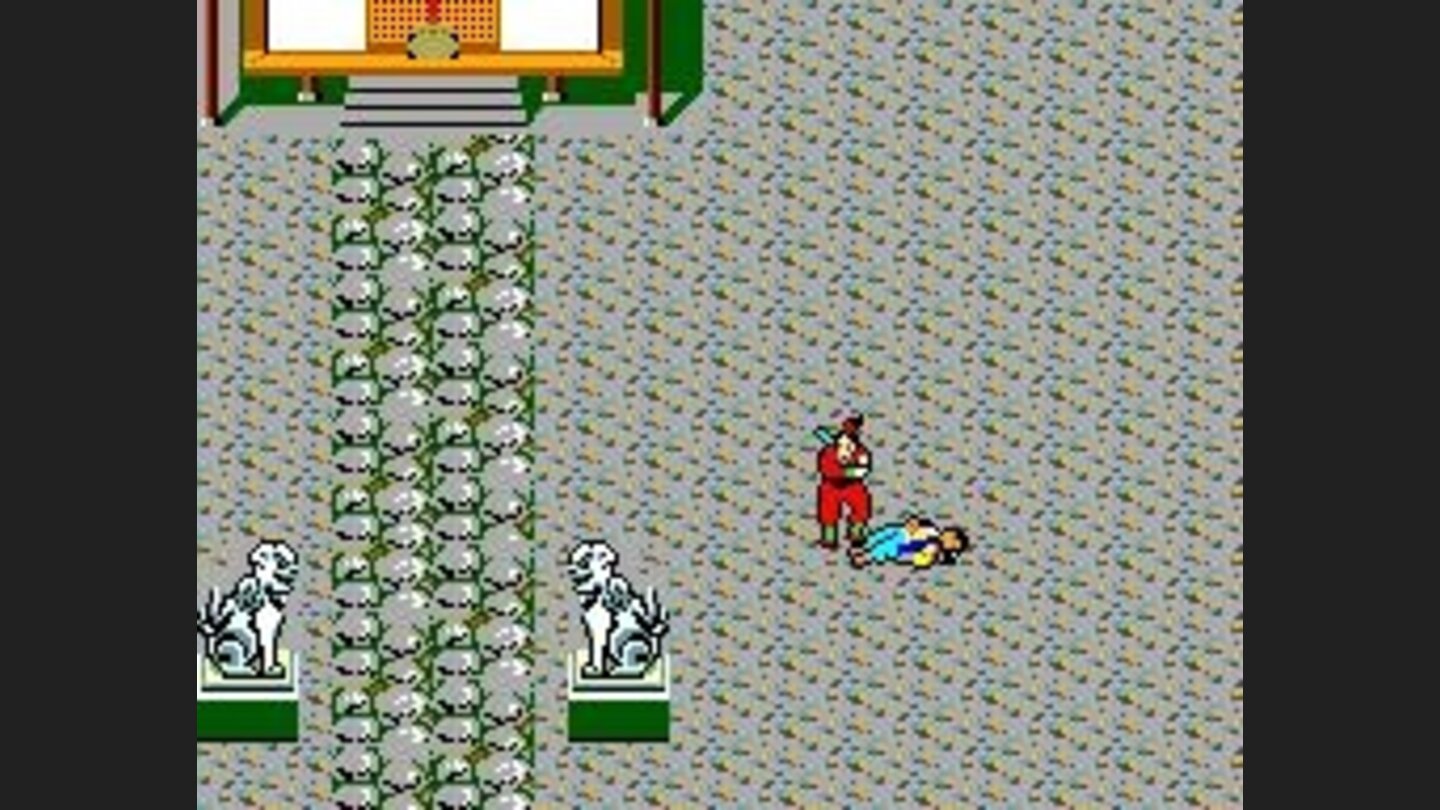 A female ninja stands over Kazamurus dead body.