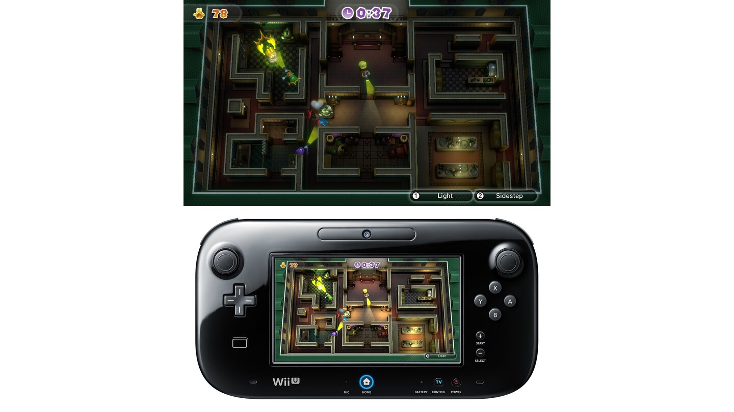 Nintendo LandAls Monster sind wir in Luigis Mansion unsichtbar. Nur die herumlaufenden Luigis können uns mit der Taschenlampe etwas anhaben.