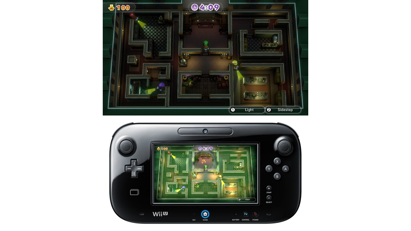 Nintendo LandLuigis Geistersuche gehört zu den unterhaltsamsten Spielen von Nintendo Land: Einer steuert den Geist, der Rest muss diesen mit der Taschenlampe finden und sichtbar machen.