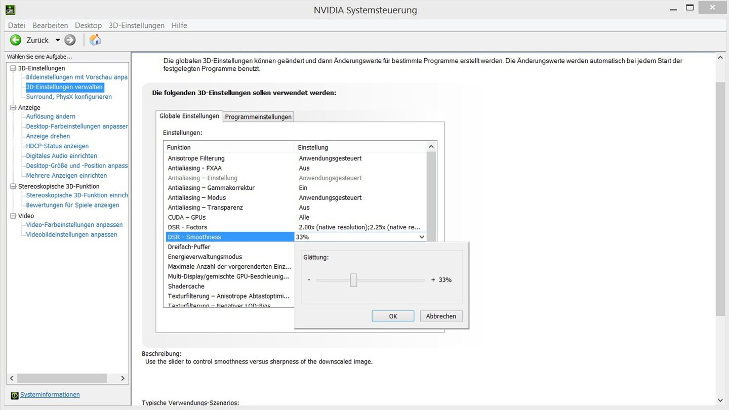 Durch den von DSR verwendeten Gauß-Filter erhält das skalierte Bild einen Unschärfe-Effekt. Den Schärfegrad können Sie im Control-Panel anpassen. Standardmäßig liegt der Wert bei 33 Prozent.