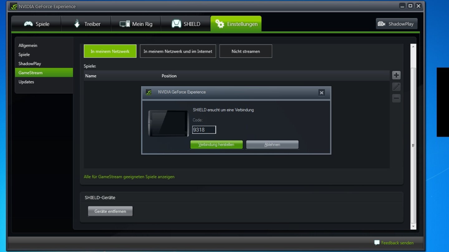 Das Fenster zur Eingabe des Codes öffnet sich automatisch. Sobald Sie auf »Verbindung herstellen« klicken, sind das Shield Tablet und Ihr PC miteiander gekoppelt.