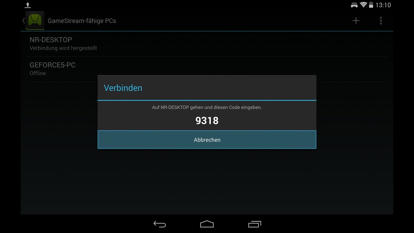 Wenn Sie einen PC ausgewählt haben, nennet das Tablet einen vierstelligen Code, den Sie anschließend auf dem PC eingeben müssen.