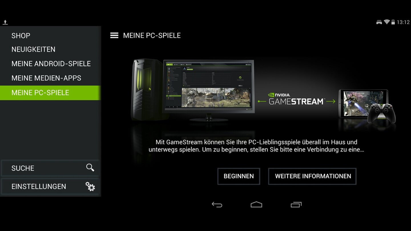 Über den »Shield Hub« können Sie das Shield Tablet mit Ihrem PC verbinden. Voraussetzungen sind eine Nvidia Grafikkarte ab der Kepler-Generation und die Geforce-Experience-Software.