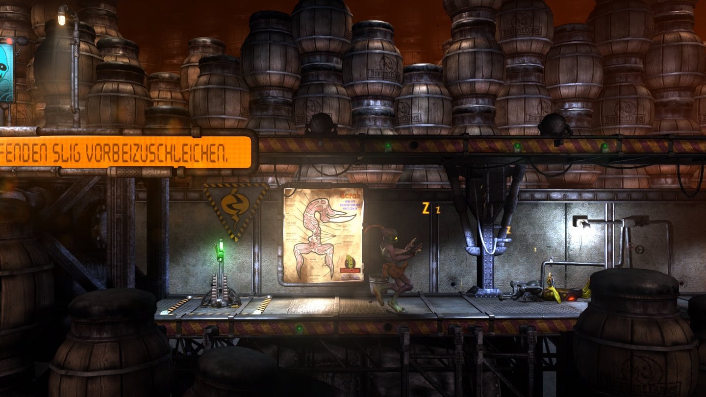 Oddworld: Abe's Oddysee - New 'n' TastyAn schlafenden Gegnern schleichen wir einfach vorbei. Sämtliche Spielmechaniken werden gut verständlich im Spiel erklärt, hier etwa per Display-Einblendung links im Bild.