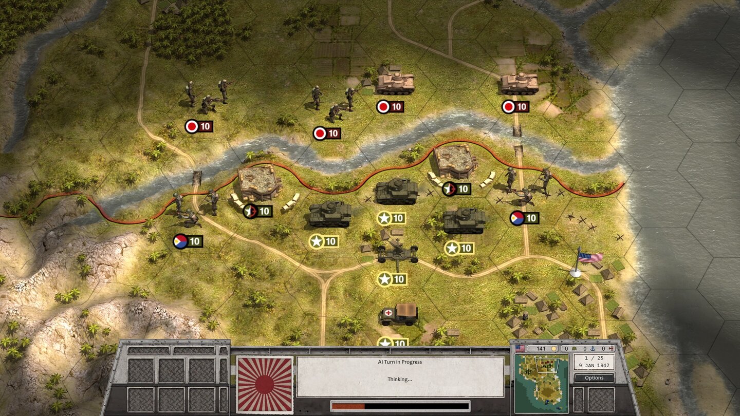 Order of Battle: PacificGut eingegraben, mit einer soliden Panzerreserve, Flakschutz und einer Bunkerlinie am Fluss erwarten wir den japanischen Ansturm. Spoiler: Wir werden die Stellung nicht halten.