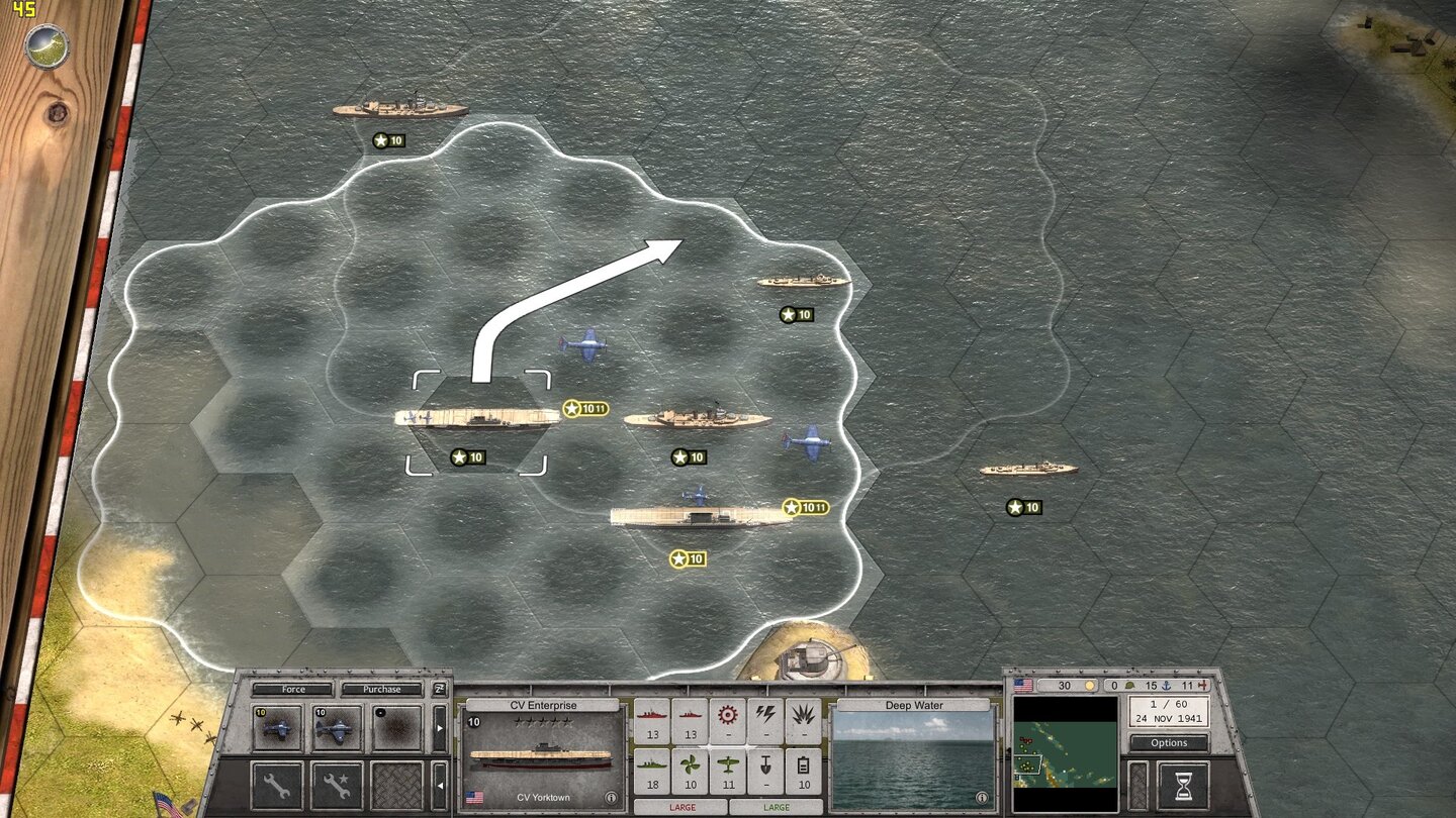 Order of Battle: PacificFlottenkommando: In diesem Szenario verfügen wir über keine Bodeneinheiten, haben aber die Befehlsgewalt über gleich zwei Flugzeugträger, die wir nach eigenem Gusto bestücken können.