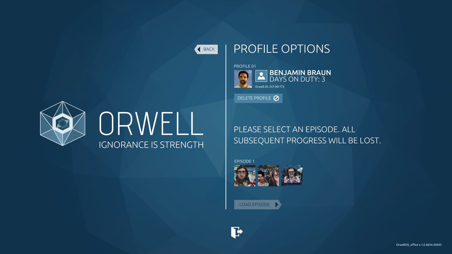 Orwell: Ignorance is StrengthNachdem ihr alle drei Episoden abgeschlossen habt, könnt ihr sie einzeln über das Menü neustarten. Der Wiederspielwert ist allerdings nicht allzu hoch.