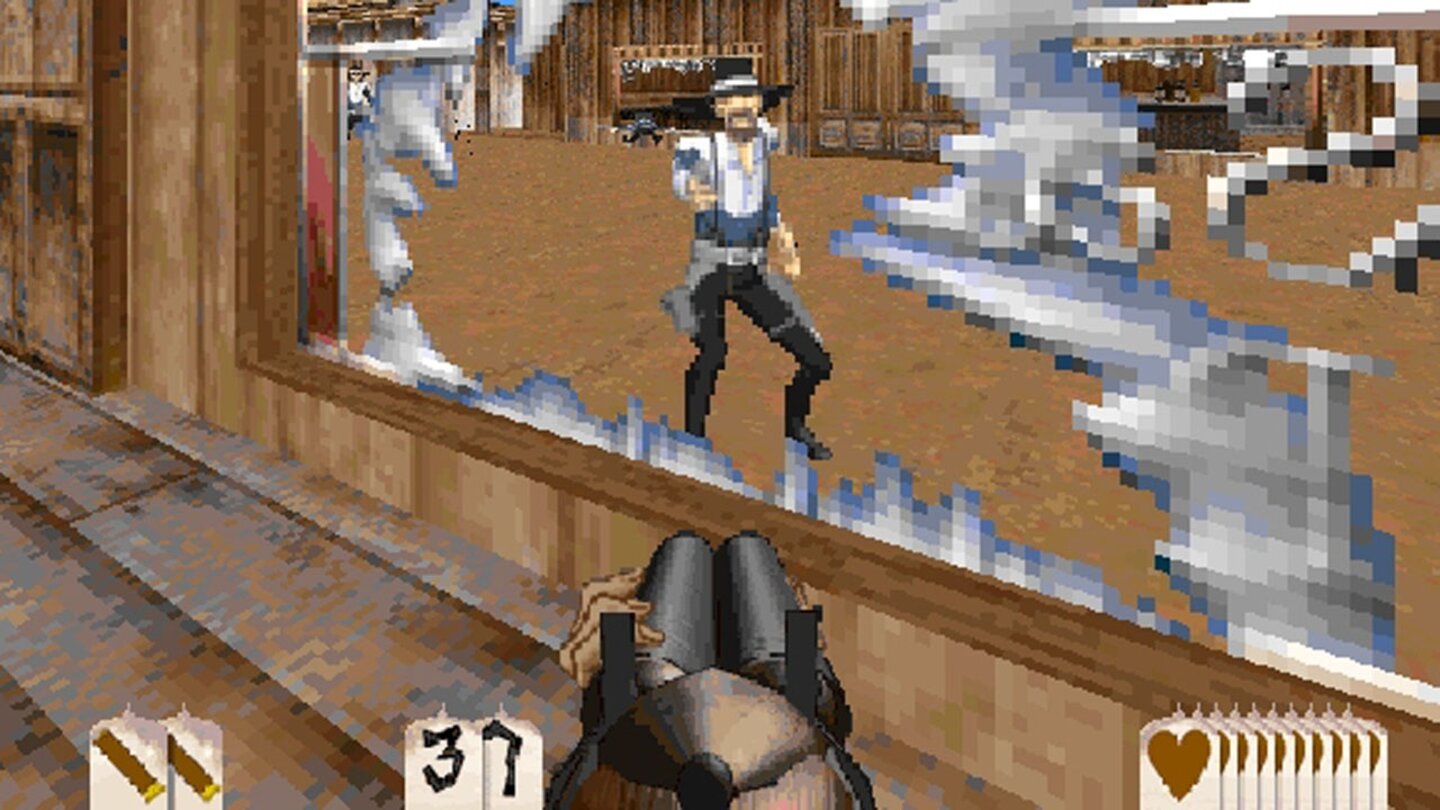 Outlaws (1997)1997 brachte LucasArts einen 3D-Western-Shooter heraus. Darin übernimmt der Spieler die Rolle des Marshalls James Anderson, der sich eigentlich zur Ruhe gesetzt hat. Doch dann wird seine Frau getötet und seine Tochter entführt. Als echter Western-Held lässt er das natürlich nicht auf sich sitzen und beginnt seinen Rachefeldzug.Dem Spieler stehen typische Western-Waffen zur Verfügung: Messer, Revolver, Gewehre und Schrotflinten. Die Geschichte wird zwischen den einzelnen Levels durch Zeichentrick-Sequenzen erzählt. Wie in vielen anderen LucasArts-Titeln finden sich auch in Outlaws diverse Anspielungen auf andere Spiele des Entwicklerstudios wie z.B. Monkey Island.