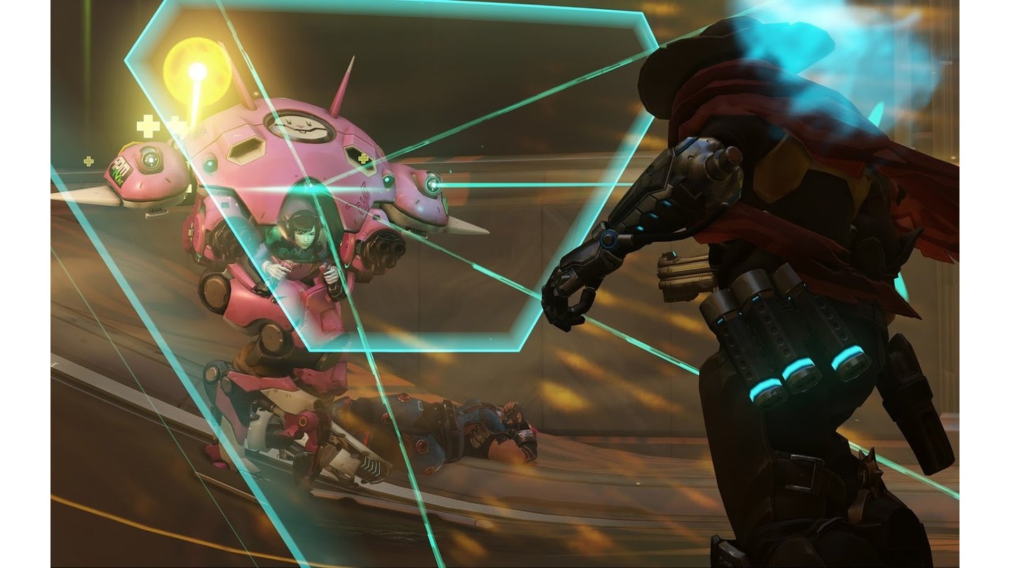 OverwatchPro-Gamerin D'Va gehört mit ihrem pinken Mech zu den Lieblingshelden der Community. Mit einem Schild wehrt sie feindliche Schüsse ab.