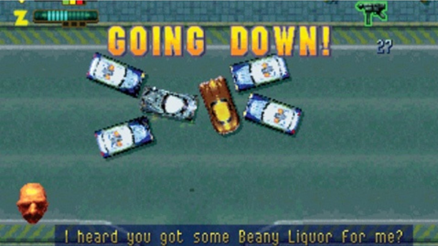 GTA (1997)
1997 kommt Grand Theft Auto als erster Teil der erfolgreichen GTA-Serie für den PC, die Playstation und den GameBoy Color auf den Markt. In einer frei befahrbaren Stadt – angelehnt an reale Vorbilder (New York, Miami, San Francisco) – muss der Spieler als Verbrecher ein Vermögen anhäufen. Um das zu erreichen kann er in der Draufsicht verschiedene kriminelle Aufträge erledigen oder einfach größtmögliches Chaos anrichten und sich mit der Polizei anlegen. Eine Besonderheit der gesamten Serie sind die Radiosender, die die Spielwelt mit lizenzierten Musikstücken und teilweise skurrilen Sendungen beschallen. 1999 erweitern GTA: London 1969 und GTA: London 1961 das Spiel um das Stadtgebiet der britischen Hauptstadt.