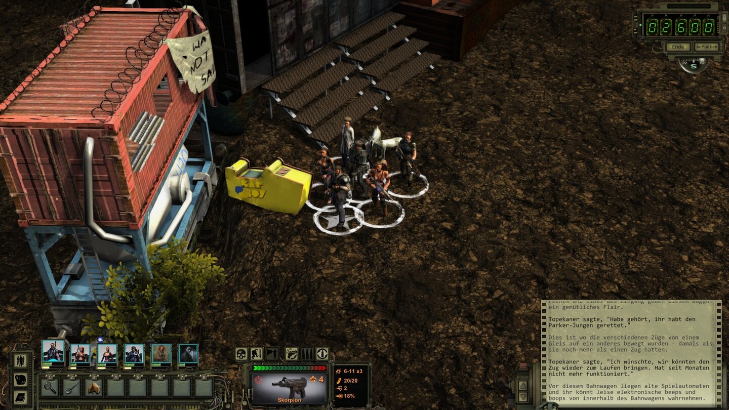 Easter Eggs in Wasteland 2 - Pac ManPac Man ist zweifelsohne das bekannteste Arcade-Spiel aller Zeiten. Im Ödland scheint man jedoch lizenzbedingt eine leicht abgewandelte Version zu spielen. Dort findet man im Lager der Gleisnomaden einen Spielautomaten mit der Aufschrift »Cap Boy« und einem Pac Man mit blauer Mütze.