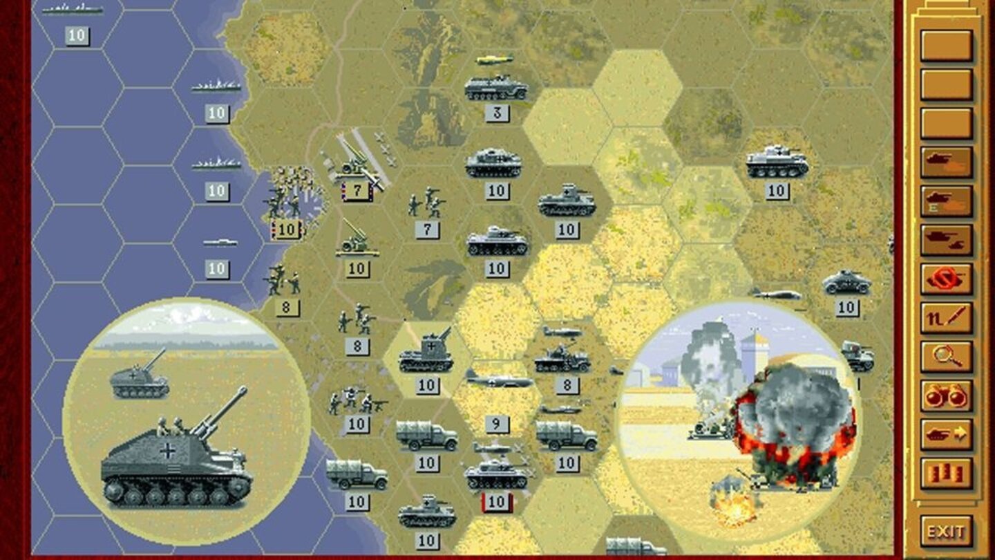 Panzer General (1994) Mit ihm fängt alles an – SSI überrascht die Rundenstrategen mit Hexfeld-Schlachten, in denen realistische Einheiten gegeneinander antreten. Simple, aber clevere Regeln machen das Weltkriegs-Spiel zum Puzzle: Artillerie und Flak zum Beispiel verteidigt angrenzende Kameraden gegen Angreifer.