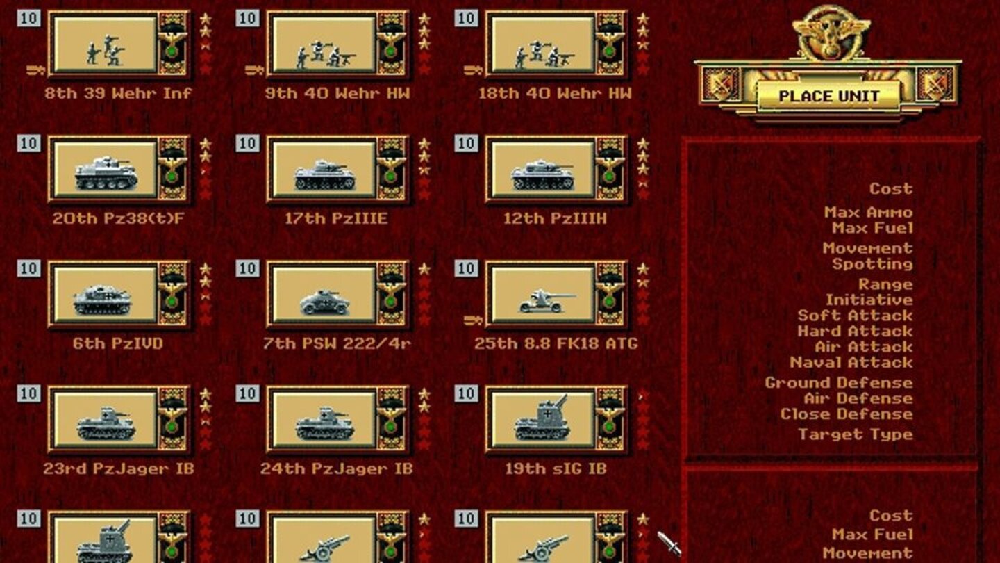 Panzer General (1994) Hunderte von Einheitentypen enthält das Spiel, unterteilt in Infanterie, Spähpanzer, Panzer, Panzerabwehr, Artillerie, Flak, Jagdflugzeuge, Taktische und Strategische Bomber. Im Kriegsverlauf kommen immer bessere Einheiten hinzu, bis hin zu Düsenjägern.