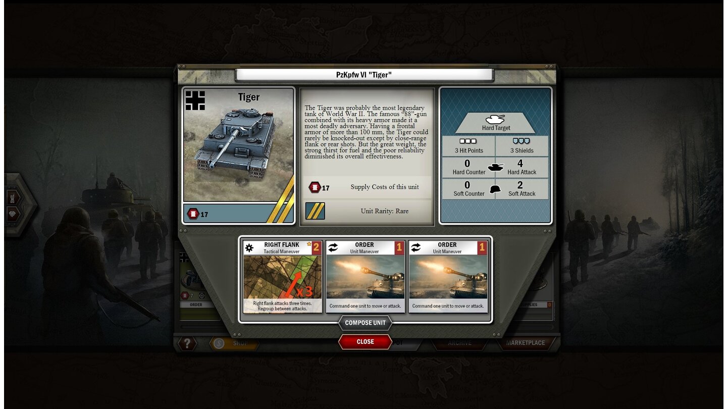 Panzer General OnlineAuch ein Tiger ist nicht allmächtig: Seine Angriffswerte sind zwar hoch (Hard Attack: 4), aber er kontert nicht mit einem Gegenangriff (Hard Counter: 0).