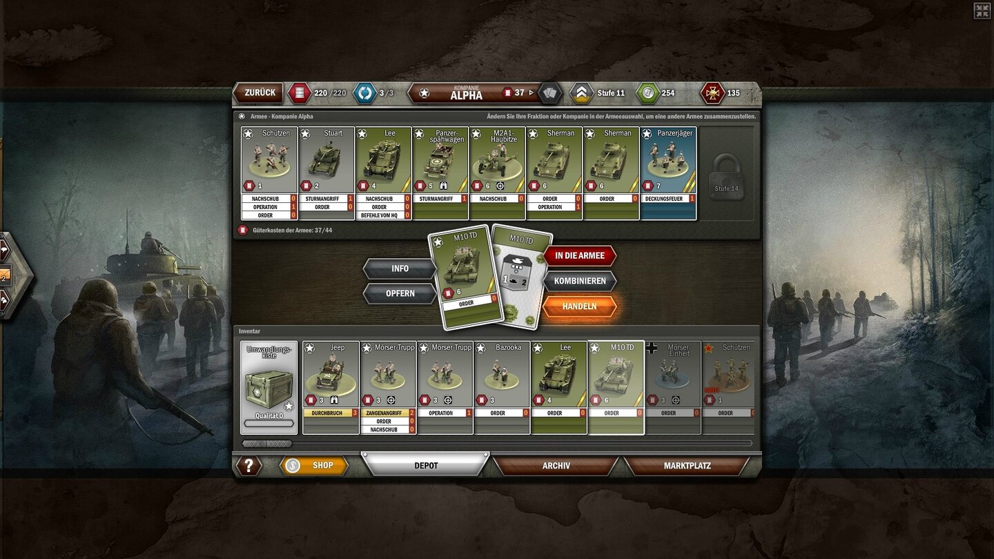 Panzer General OnlineDas Deck-Tuning macht den langfristigen Reiz aus. Wir können gleichartige Karten kombinieren oder mehrere unnötige »opfern«, um bessere zu erhalten.