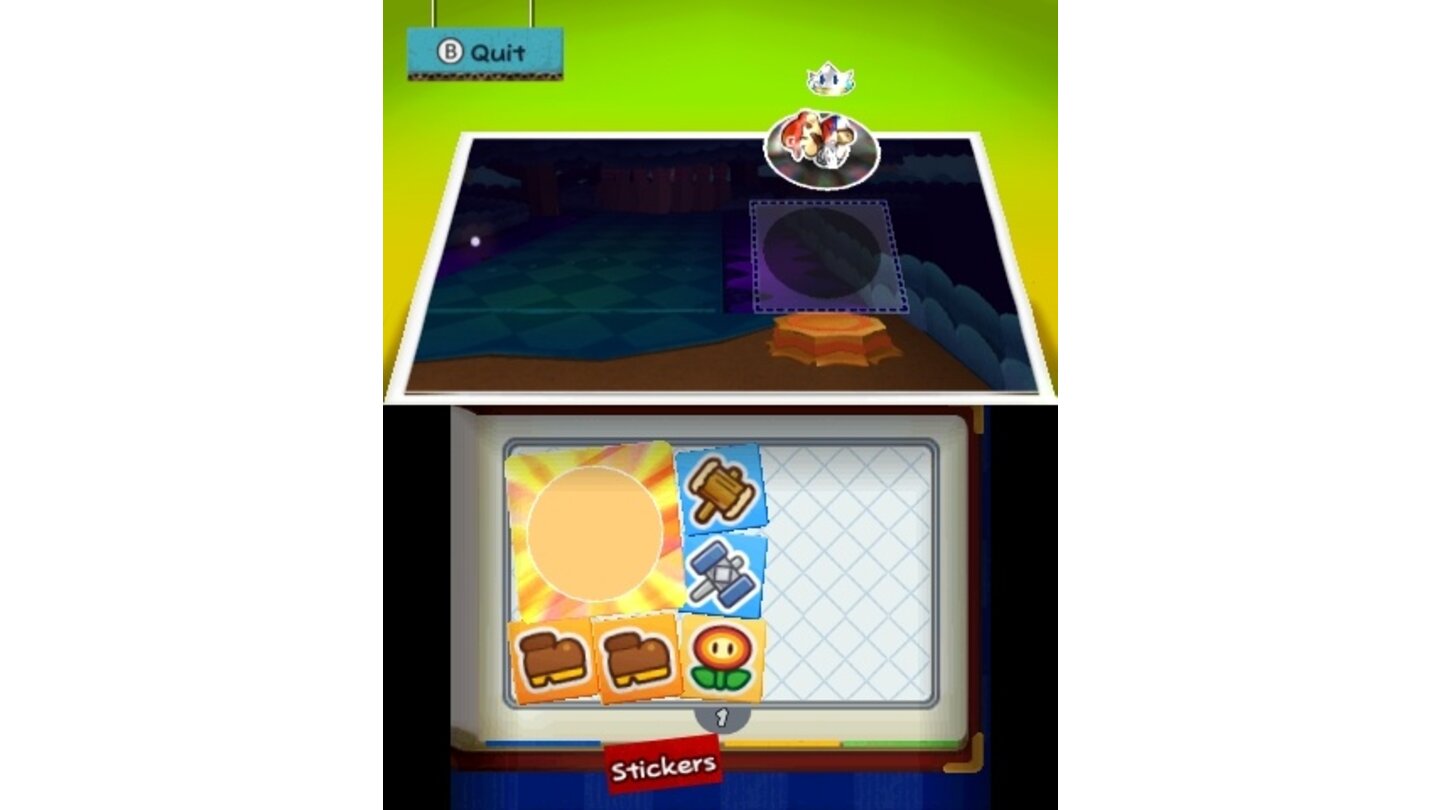 Paper Mario: Sticker StarWenn ihr auf die Y-Taste drückt, könnt ihr sehen ob ihr an einer Stelle einen Sticker aufkleben könnt.
