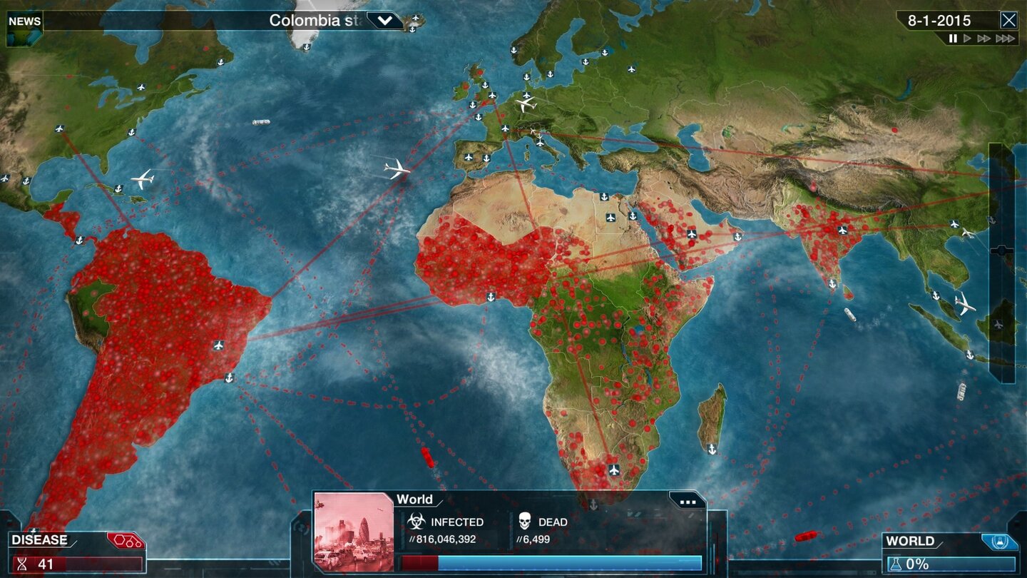 Plague Inc: EvolvedUnser Erreger fühlt sich in warmen Regionen wohl, von Südamerika breitet er sich nach Afrika aus.