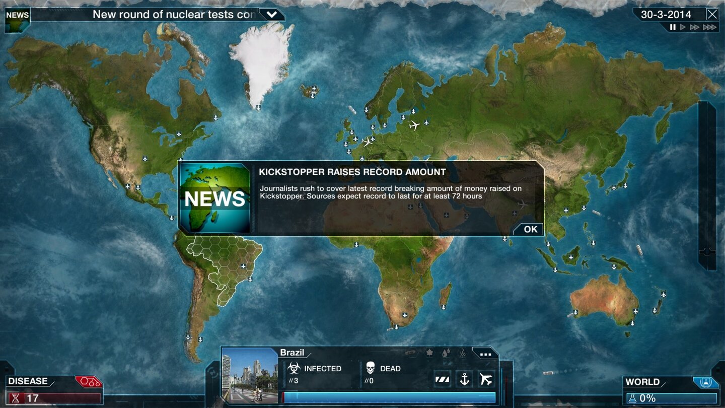 Plague Inc: EvolvedZufallsereignisse sind mal belanglos witzig, mal Spielentscheidend. Wir sollten den Nachrichtenticker oben links daher immer im Auge behalten.