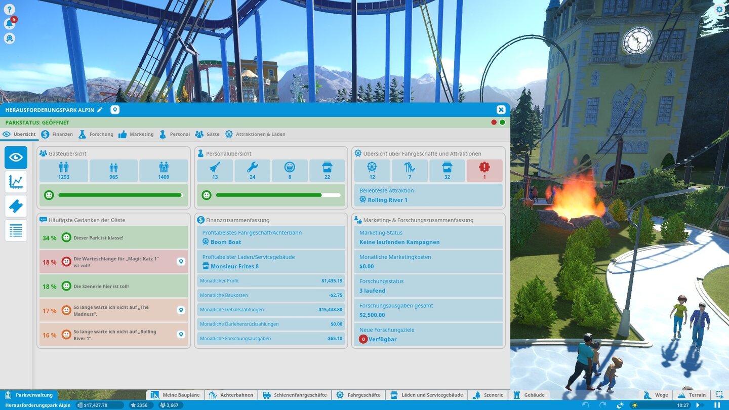 Planet CoasterIn der Parkverwaltung finden wir Gästefeedback, aber auch die Forschung, Marketing und Statistiken.