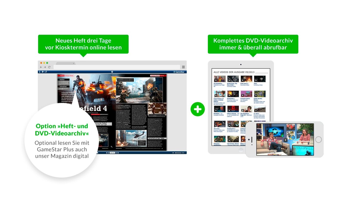 Mit der Zusatzoption »Heft- und Videoarchiv« lesen Sie ab nur 1,99€ Aufpreis pro Monat die neue GameStar-Ausgabe drei Tage vor dem Kiosktermin und bekommen Zugriff auf unser komplettes Heftarchiv seit der Erstausgabe 101997 – inklusive unserer Redaktions-Comedys »Die Redaktion« und »Raumschiff GameStar«.