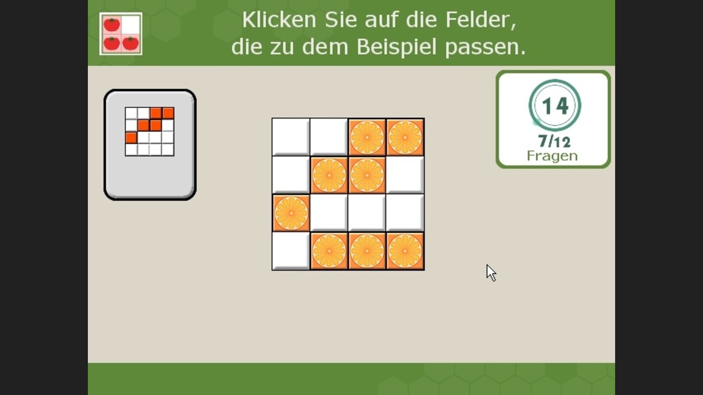 Puzzle 1: Ändern Sie die Farben der Felder, um ein vorgegebenes Muster nachzubauen.