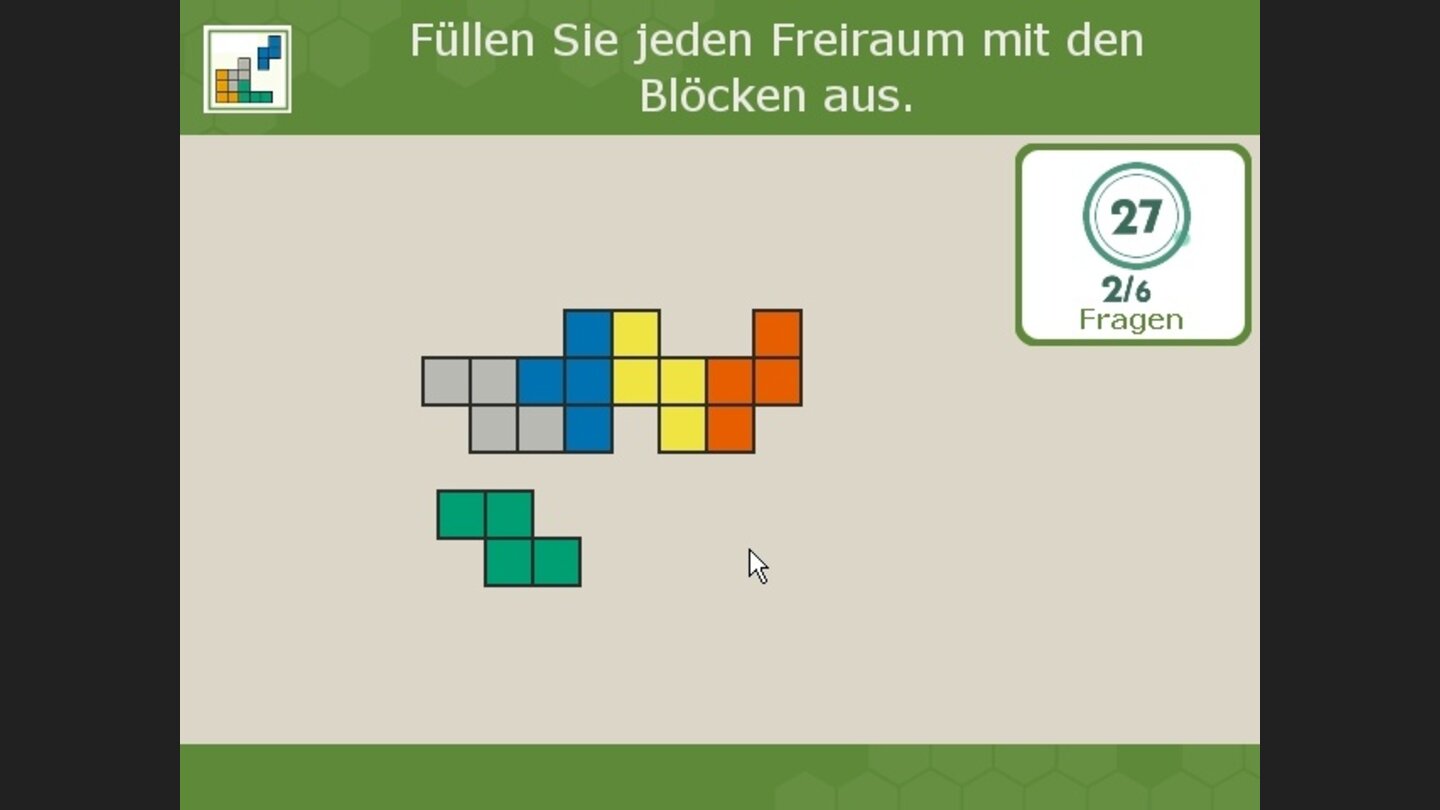 Puzzle 2: Füllen Sie die graue Form mit Tetris-Bauklötzen.