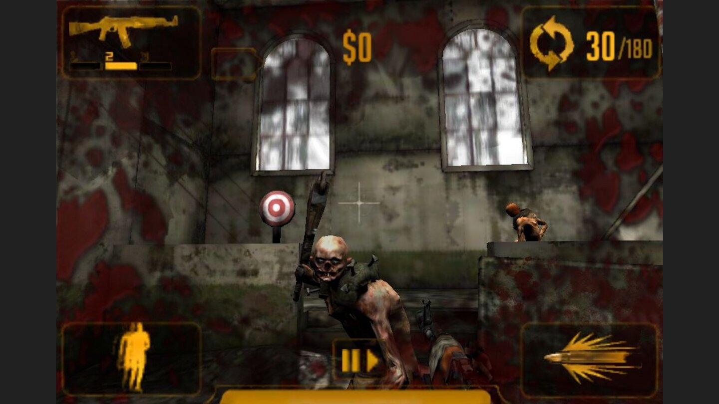 Rage (iPhone)Noch bevor iD´s neuer Hoffnungsträger RAGE auf dem Markt erschienen ist, wurde ein Ableger für das iPhone umgesetzt. Das Spiel hört auf den Namen Mutant Bash TV. Wer jetzt eine deftige Ego-Ballerei mit voller Spielkontrolle erwartet, wird leider enttäuscht sein: Erneut hat iD den einfacheren Weg gewählt und wie schon bei DOOM Resurrection einen Railshooter aus dem Franchise gemacht. Der ist zwar technisch hervorragend produziert, kann aber nicht gerade mit Umfang oder Spielwitz aufwarten. Ihr seid schlicht und einfach Teilnehmer einer Fernsehshow – eben jenes namensgebenden Mutant Bash TV. Euer Job ist einfach: Durchquert möglichst lebendig drei mit Mutanten verseuchte Gebiete und sammelt nebenher noch ordentlich Geld ein. Grundsätzlich ist das Spiel ein solider Railer geworden, es kämpft jedoch mit einem üblen Kameraproblem. RAGE versucht auf dem iPhone konstant, die Blickrichtung zu zentrieren. Das macht den für Ballerspiele ganz dezent wichtigen Zielvorgang zu einer stetigen Konfrontation mit der Bildbewegung. Anders als in anderen Railshootern dürft ihr euch hier nämlich in einem Winkel von 180 Grad umsehen, und da das Vorwärtstempo sehr hoch ist, geratet ihr immer wieder in Konflikt mit der Kamera.