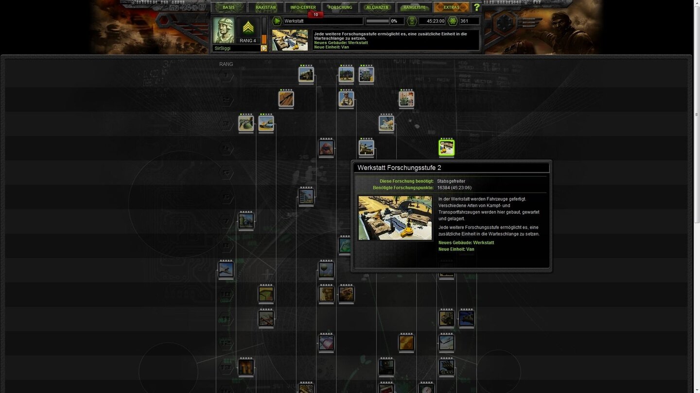Rage of StormsDer Forschungsbaum ist sehr umfangreich. Für Öllieferungen in die Heimat werden wir befördert, außerdem schalten wir neue Technologien frei. Doof: Man muss die Icons extra anklicken, um genaue Infos zu erhalten, Tooltips gibt’s nicht.