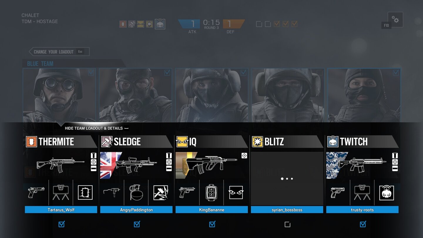 Rainbow Six: SiegeVor Rundenbeginn können wir im Ladebildschirm die Ausrüstung unserer Kollegen auf Knopfdruck einblenden lassen und uns so besser auf die Situation im Match einstellen.