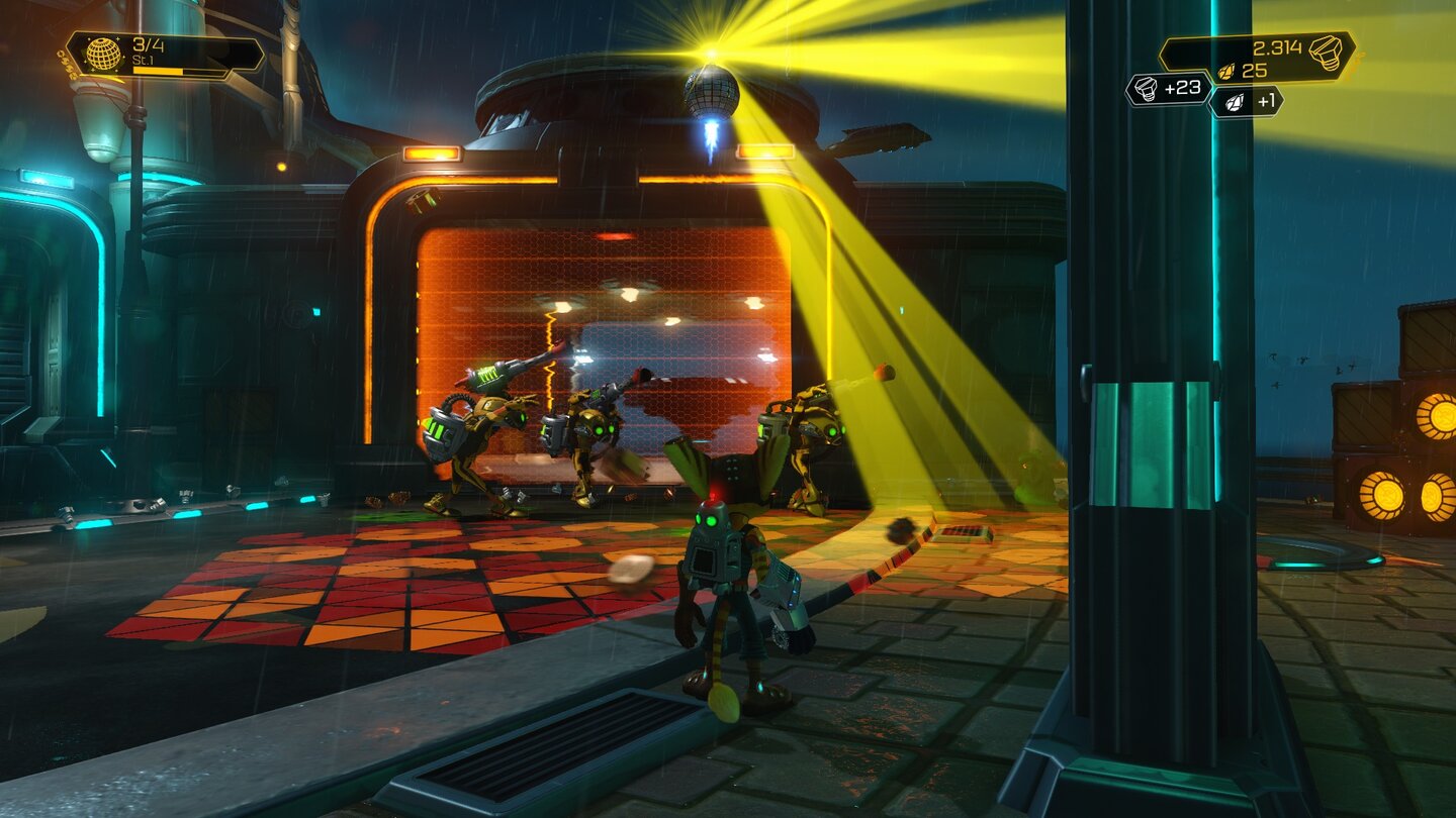 Ratchet & Clank Liebe zum Detail: Die Groovitron-Bombe bringt sämtliche umstehenden Gegner zum Tanzen, jeder Schurkentyp wackelt dabei auf individuelle Weise im Takt.
