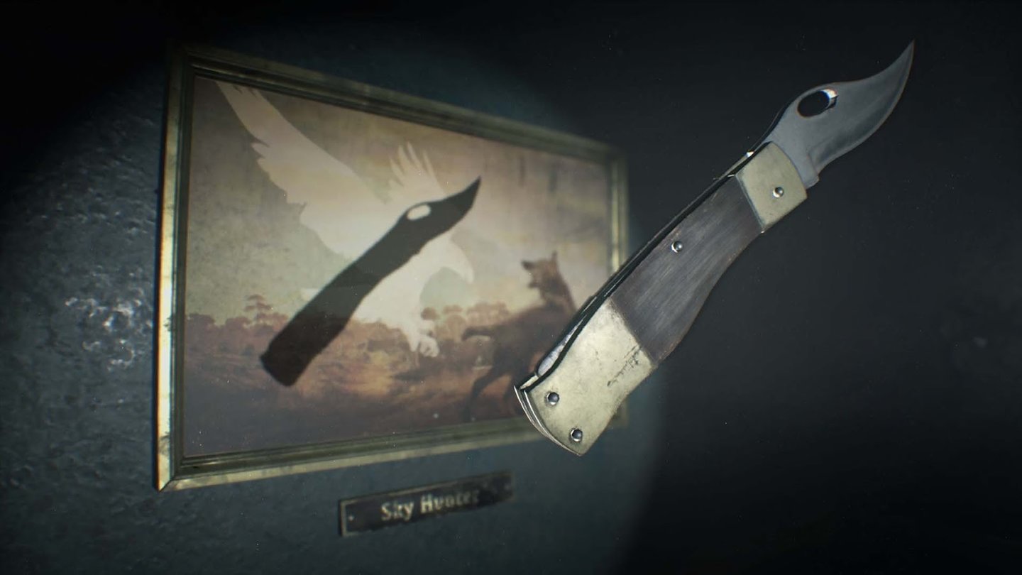Resident Evil 7Für ein Rätsel muss Ethan einen bestimmten Gegenstand so lange drehen, bis sein Schatten mit dem Adlermotiv auf dem Bilderrahmen übereinstimmt. Tipp: Mit dem Messer klappt's schonmal nicht.