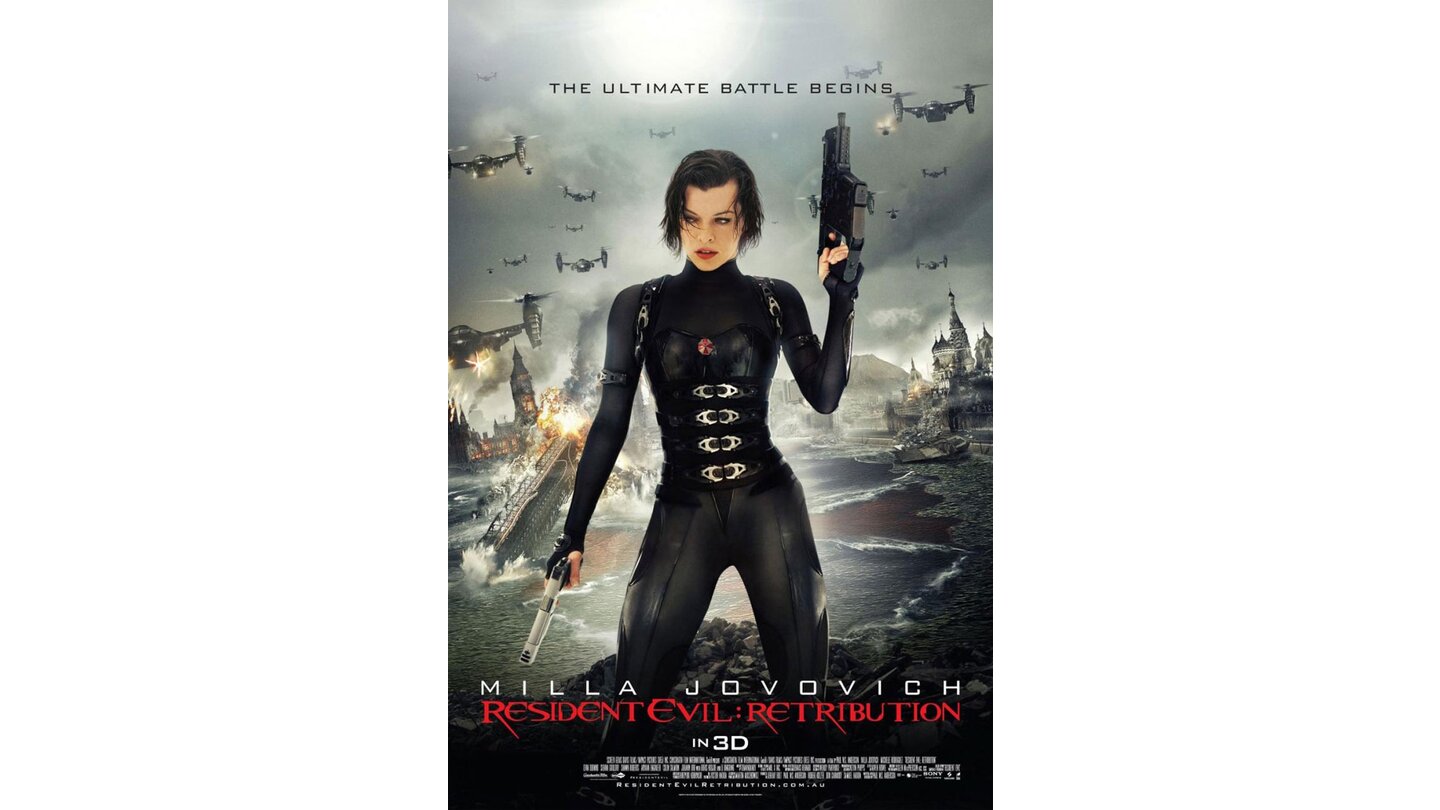 Resident Evil: Retribution (2012)Im inzwischen fünften Resident-Evil-Kinofilm landet Heldin Alice (Milla Jovovich) in einem geheimen unterirdischen Forschungszentrum des bösen Biowaffen-Konzerns Umbrella. Hier untersuchen die Schurken in gigantischen Modelstädten die Auswirkungen von Biowaffen-Angriffen auf die Zivilbevölkerung. Gemeinsam mit einem Rettungsteam inklusive den Spiele-Helden Leon S. Kennedy (Johann Urb) und Barry Burton (Kevin Durand) versucht Alice zu fliehen – und trifft unterwegs gleich auf mehrere Klone von Soldatin Rain (Michelle Rodriguez).