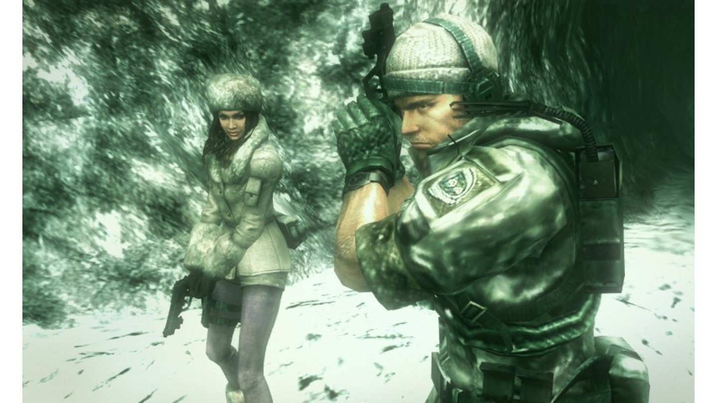 Resident Evil: RevelationsChris Redfield und seine Partnerin Jessica Sherawat auf der Suche nach dem Veltro-Hauptquartier in einer verschneiten Basis.