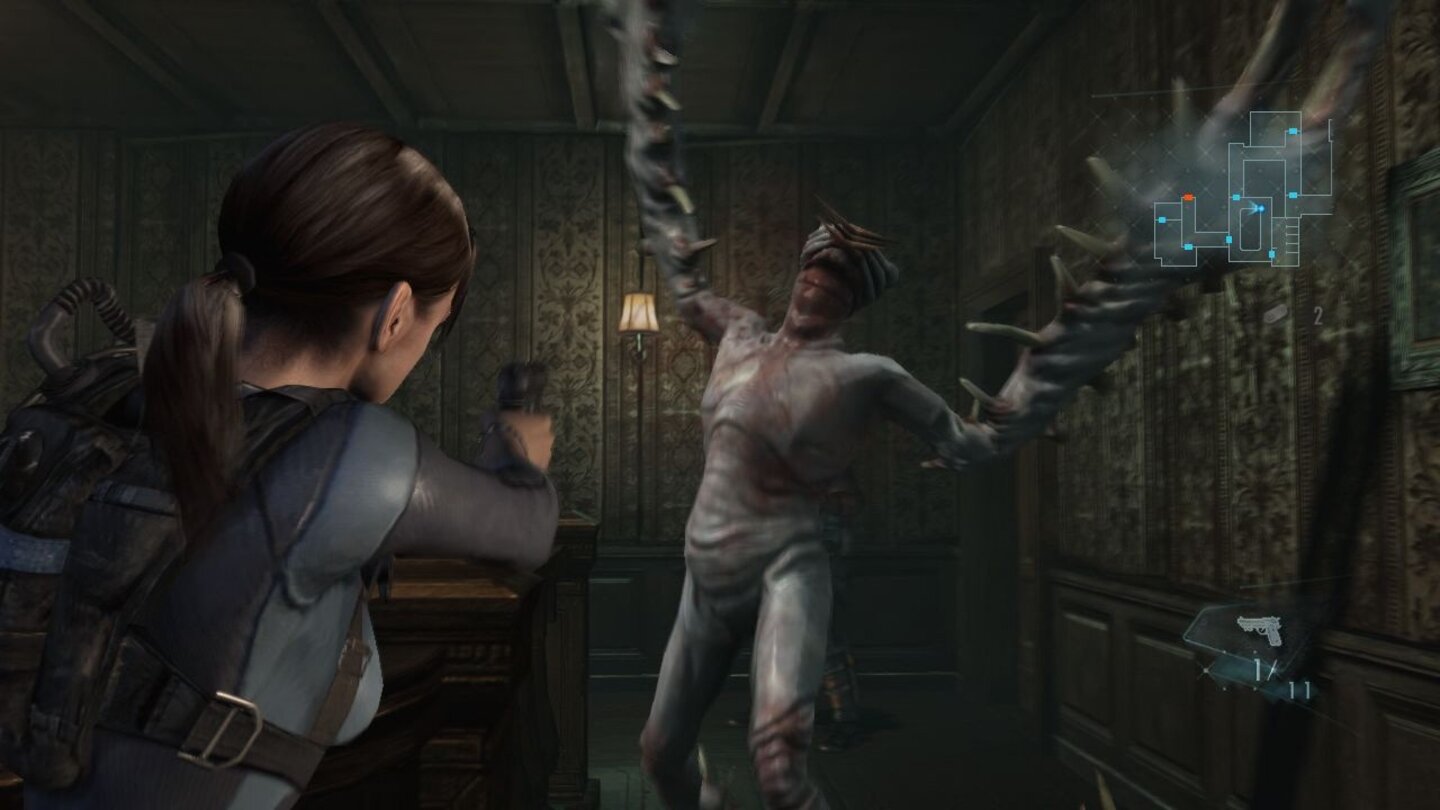 Resident Evil: RevelationsVorsicht vor den Klauen der Mutanten! Kommen euch die Gegner zu nah, müsst ihr sie per Knöpchengehämmer abschütteln.