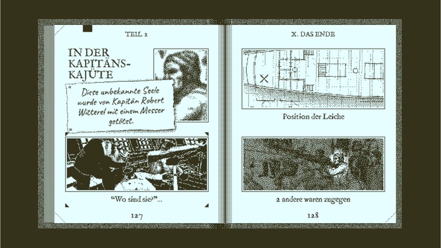 Return of the Obra DinnIn unserem Buch sollen wir zu jedem Todesfall die genauen Umstände eintragen. Wer kam wie ums Leben? Erst wenn wir bei drei Fällen richtig liegen, ändern sich die Notizen links oben zu gedruckten Buchstaben.