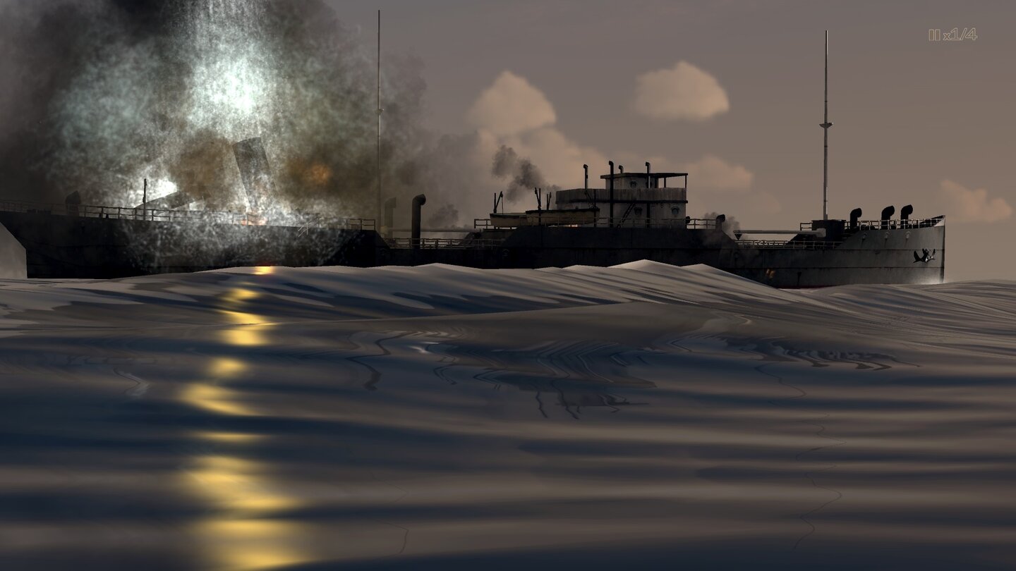 Rise of Flight: Channel Battles EditionVolltreffer! Unsere 20-Pfund-Bombe erwischt ein deutsches Transportschiff am Heck.