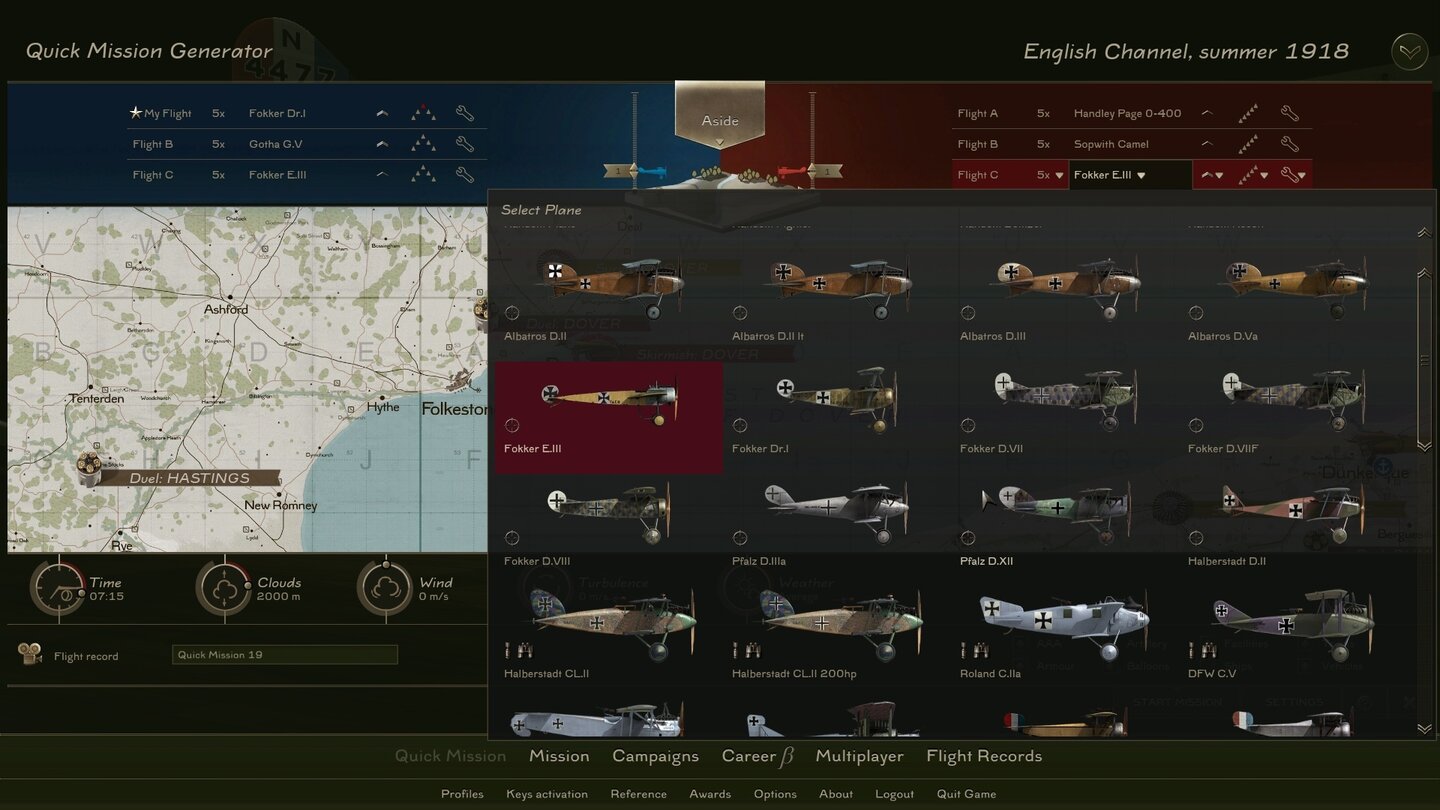 Rise of Flight: Channel Battles EditionWir basteln uns eine Quick Mission. 41 Flugzeugtypen mischen im Spiel mit, zehn davon können wir selber steuern. Den Rest gibt’s in kostenpflichtigen Paketen.