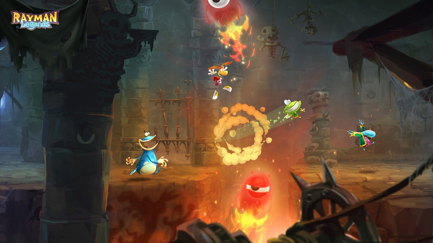 Rayman Legends
Die gemeinen Feuerkreaturen können wir auf dem Touchscreen per Fingertippen zum Platzen bringen.