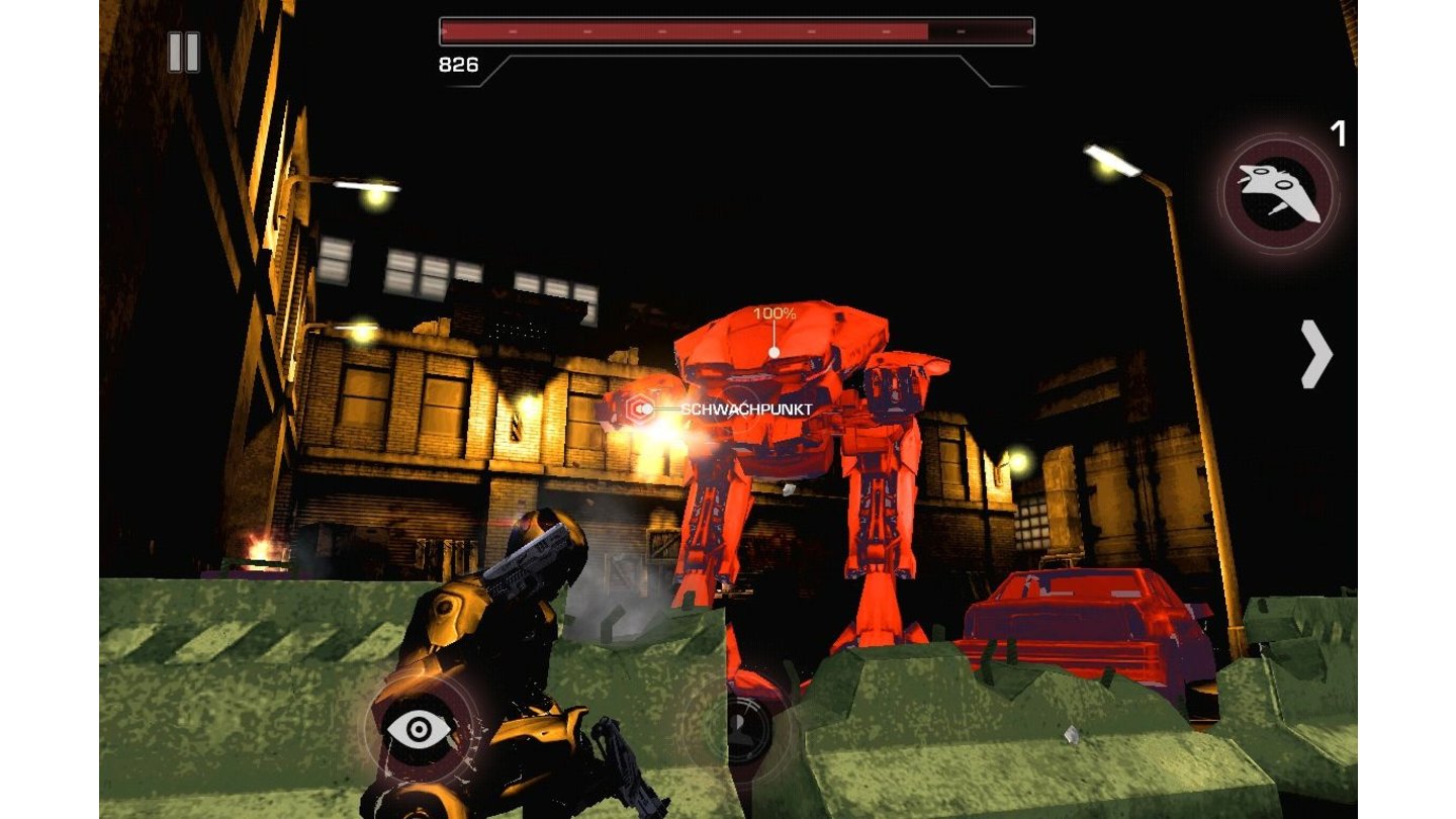 RoboCop: The Official GameDas dritte Hauptelement im Spiel ist der Scan, der dem Spieler die Schwachpunkte des Gegners anzeigt und mit dem er Gegner auch durch Wähne sehen kann. Hier im Bild übrigens der erste Bossgegner: Der ikonische Killer-Roboter ED209 im neuen Design.