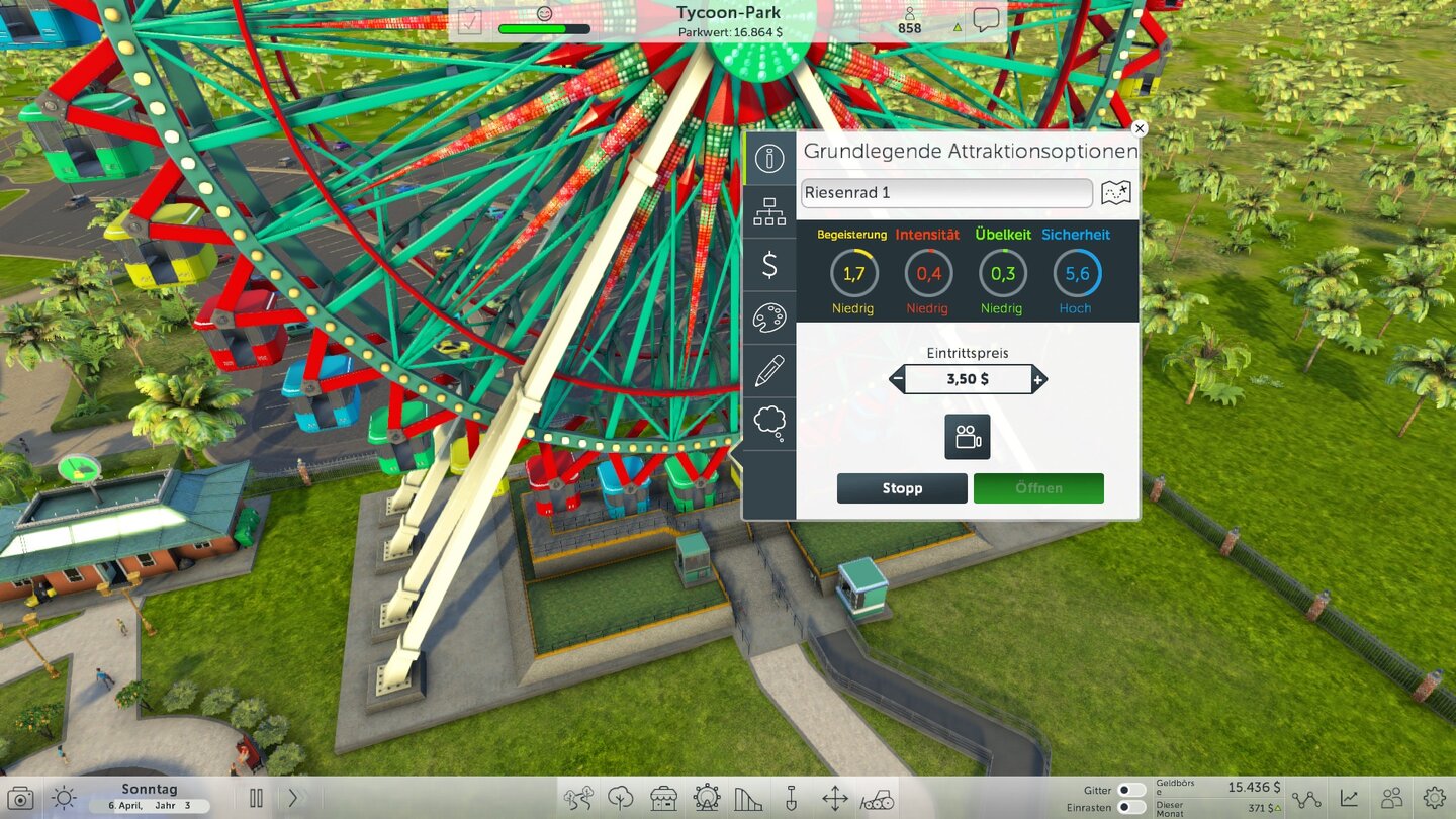 Rollercoaster Tycoon World
Die Einstellungen für Fahrgeschäfte sind rudimentär, wir nehmen hauptsächlich über den Eintrittspreis Einfluss auf unsere Besucher.