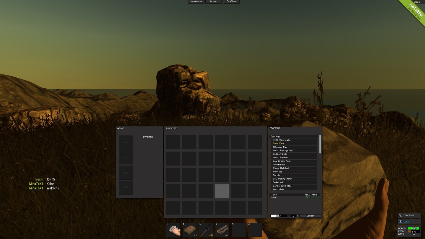 RustDas Inventar von Rust (rechts die Crafting-Liste) ist noch nicht sehr hübsch, sondern eher zweckmäßig.