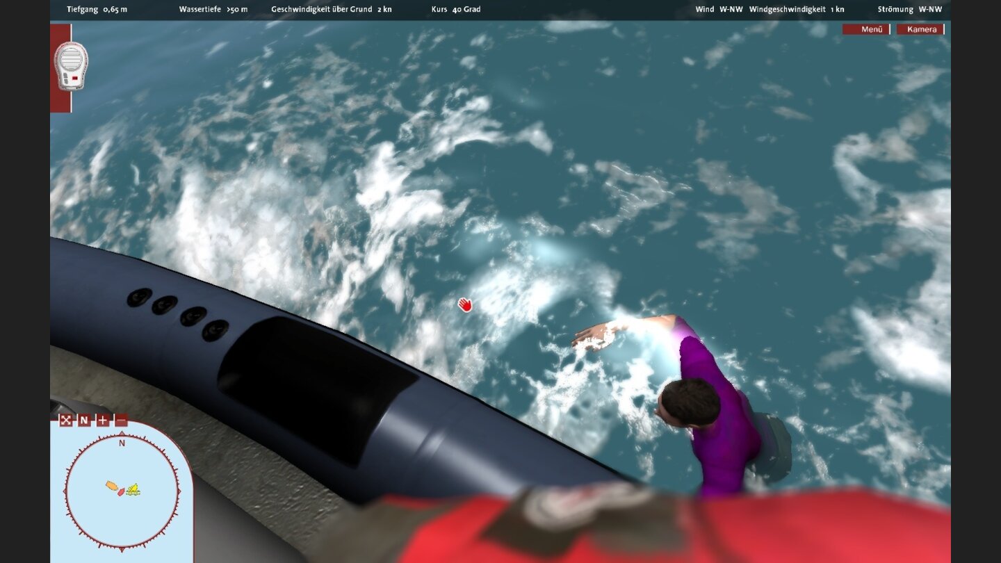 Schiff-Simulator: Die SeenotretterMann über Bord: hochklicken, sobald er nahe genug am Tochterboot dran ist.
