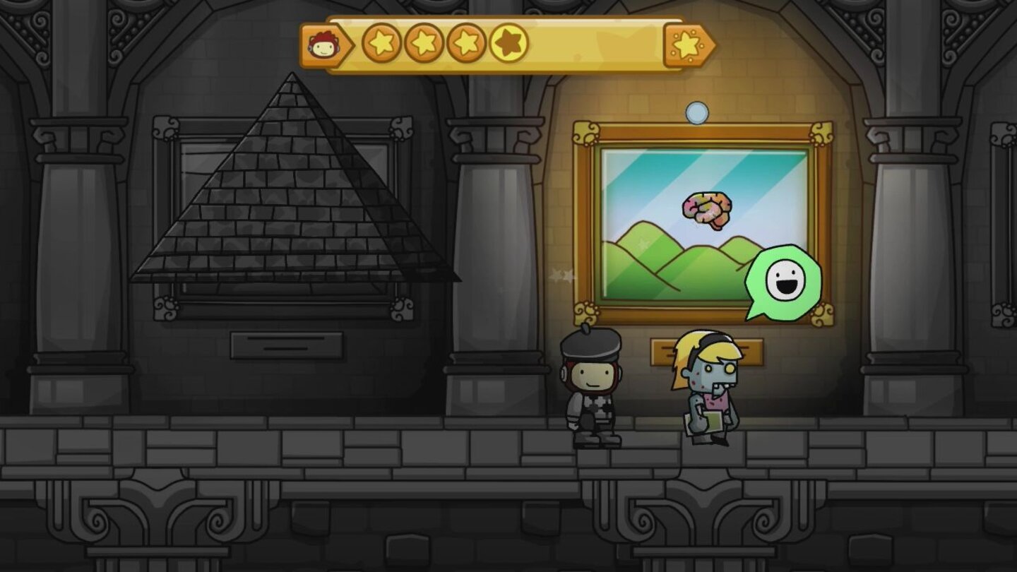 Scribblenauts UnlimitedWir sollen etwas in das Bild zeichnen, was ein Zombie für künstlerisch hält. Na klar, ein Gehirn!