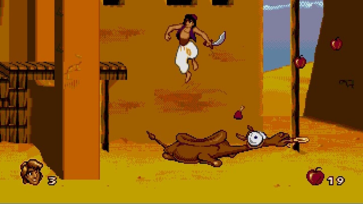 Aladdin (1993)Die Mega Drive-Umsetzung des Disney-Streifens ist brillant und toppt Capcoms SNES-Version um Längen: Animationen, Humor und Musik stehen (durch die 90er-Jahre-Brille betrachtet) dem Film kaum nach.
