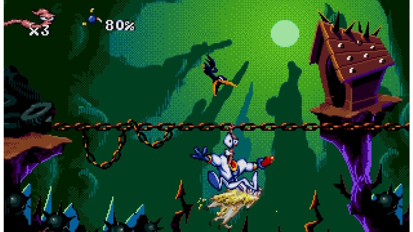 Earthworm Jim (1994)Der heldenhafte Regenwurm Jim feiert sein Debüt auf dem Mega Drive, wo er Spieler mit schrägem Humor, Slapstick-Animationen und herausfordernden Geschicklichkeitstests bei Laune hält.