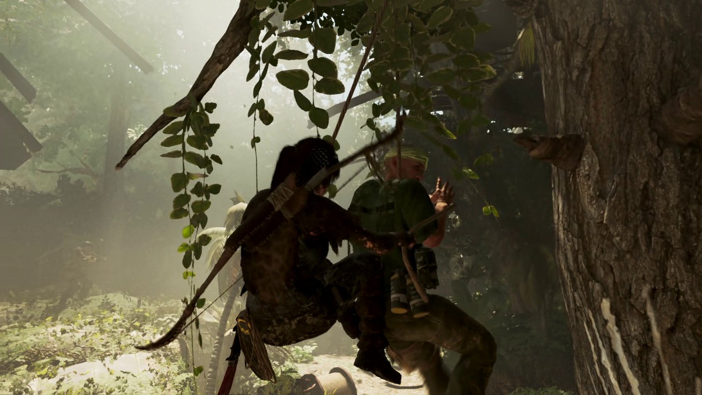 Shadow of the Tomb RaiderGanz wie Batman kann auch Lara jetzt Feinde an Bäumen aufhängen.